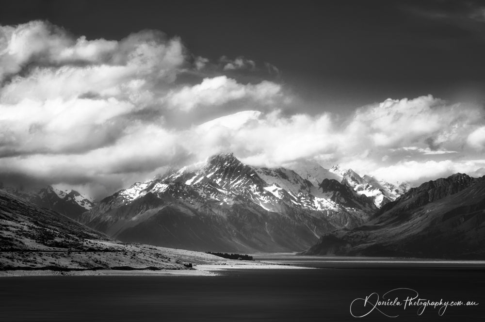 New Zealand Mount Cook View in black and white